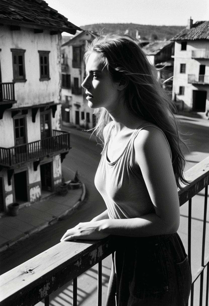 AI generated: This is a candid, black and white analog film photograph, from the side, of a woman leaning on the r...