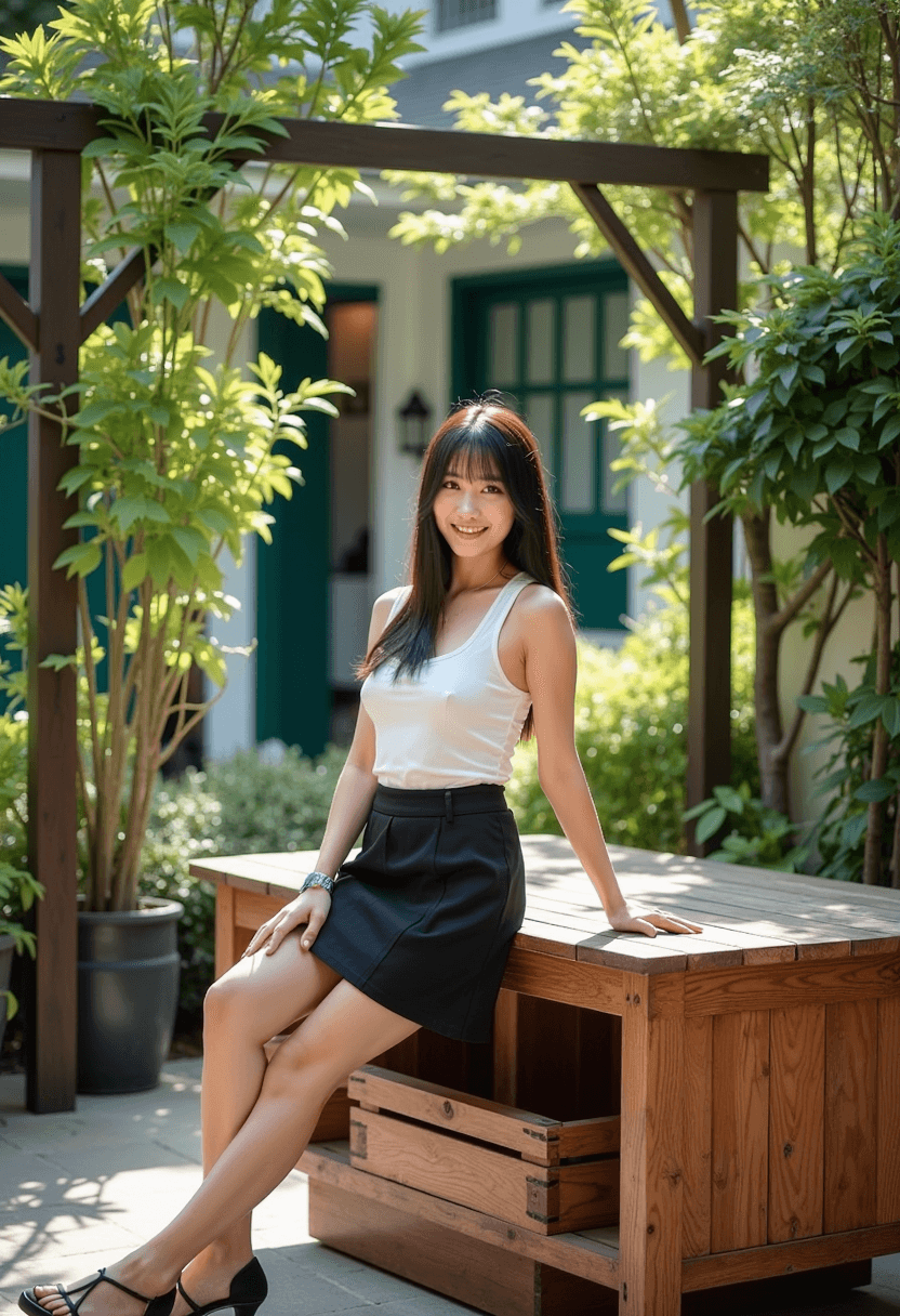 AI generated: In the tranquil setting of a backyard patio, an Asian woman with long dark hair is leaning on a wood...