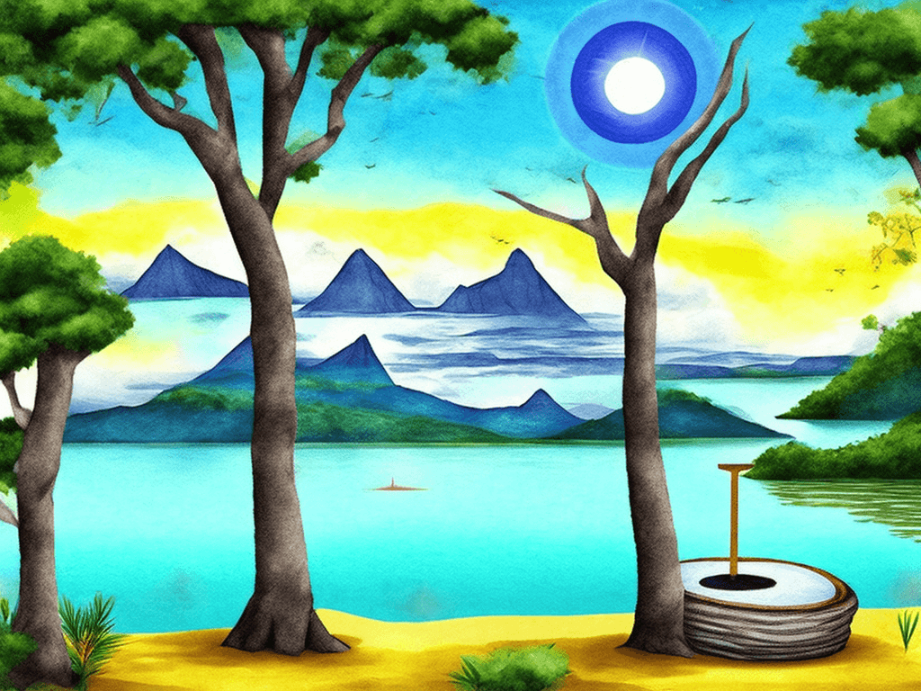 AI generated: Estilo desenhado à mão, solstício de verão, fundo rústico, lado da lagoa de lótus, grande lótus supe...