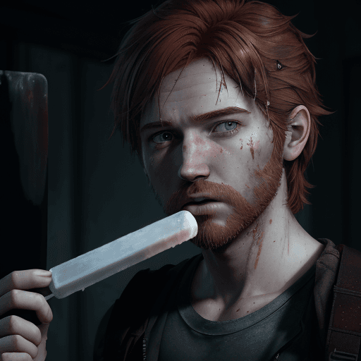 AI generated: Red-haired boy with ice popsicles The Last of Us, very detailed dsytopian scene, teenage, boy::1 The...