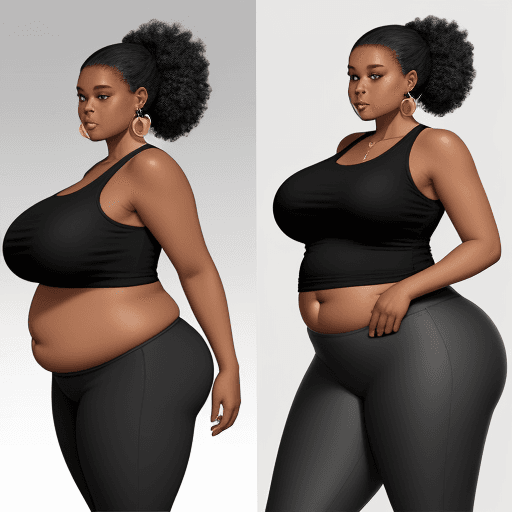 AI generated: Skinny black woman gained weight over time and became fat. She is very full, and very wide. overweig...