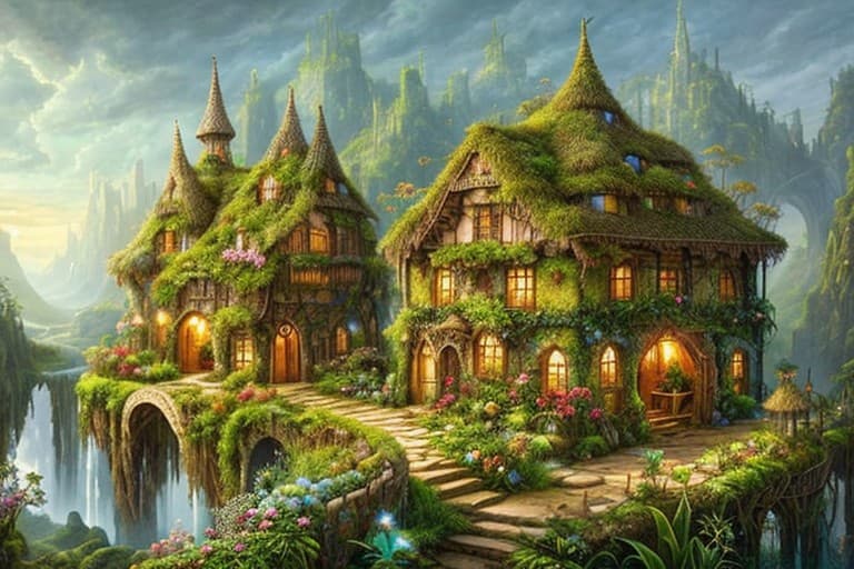 AI generated: masterpiece fantasy landscape village, overgrown with plants, style of John Blanche, mystical, intri...