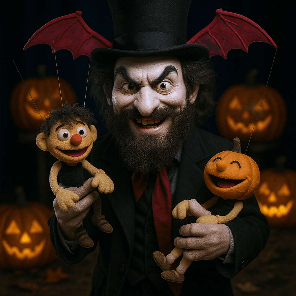 AI generated: A mischievous puppet master with silly marionettes in a playful Halloween setting.