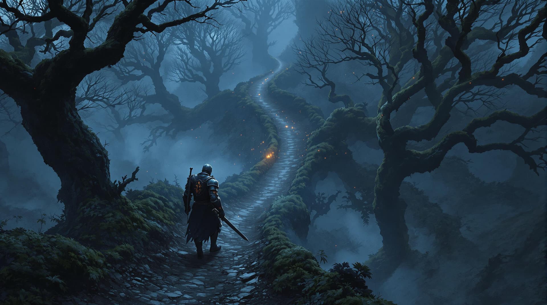 AI generated: A dramatic aerial view of a lone wounded knight descending a misty forest hill at twilight, followin...