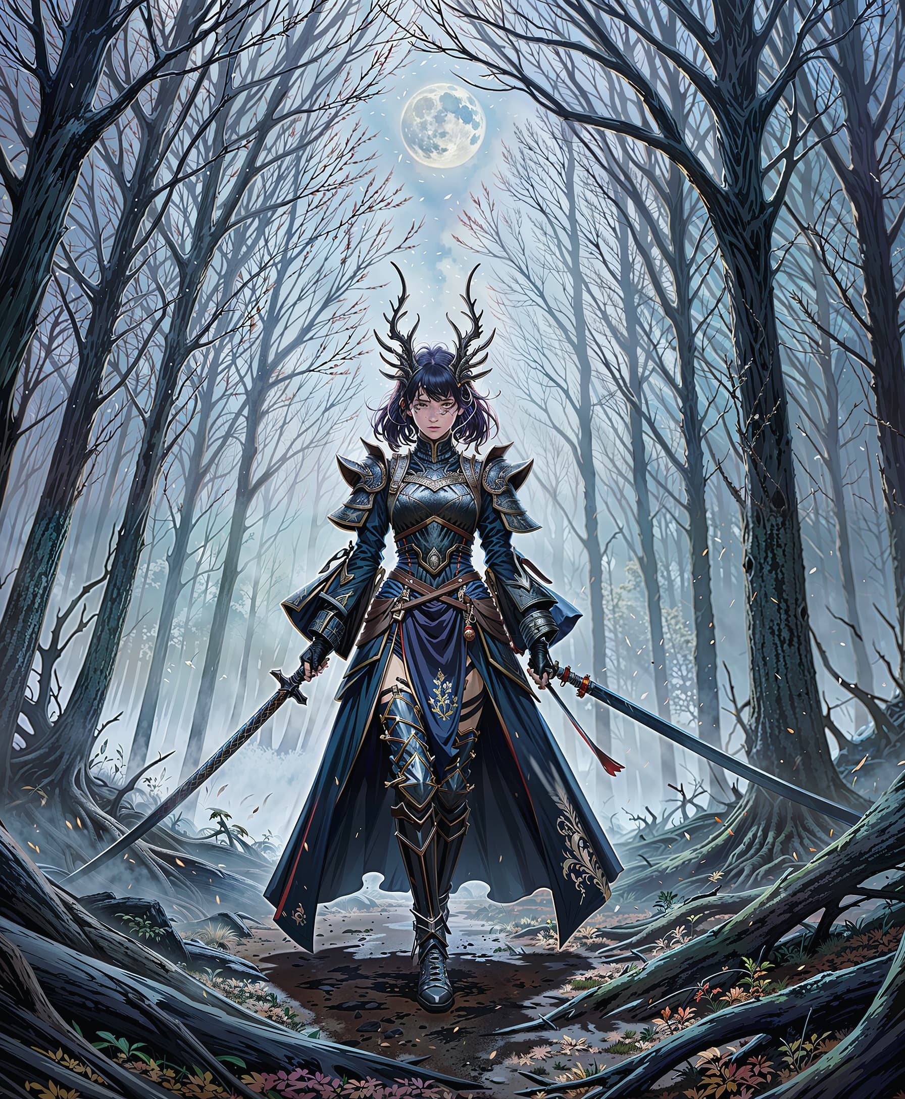AI generated: A masterpiece in sharp focus (sharp focus:1.2) depicting a cursed female samurai wandering through a...