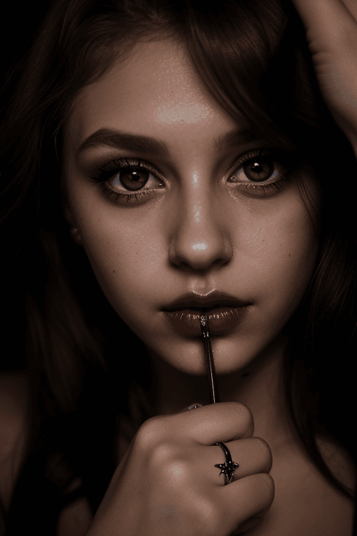 AI generated: closeup of a girl's eye, dimly lit, sultry look, ring lip piercing