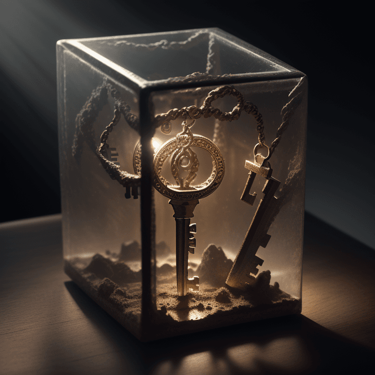 AI generated: RAW studio photo of (An intricate key of modern human civilisation trapped in a cube), atmospheric o...
