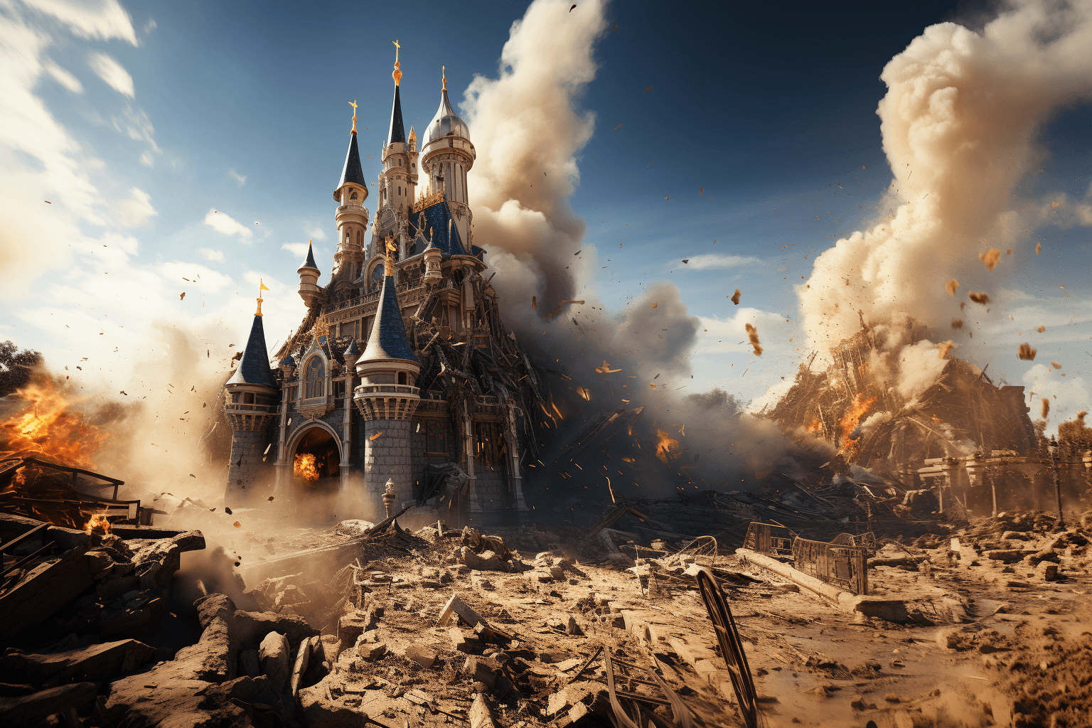 AI generated: Disney castle destroyed, panoramic image, hyper realistic --v 5.2 --style raw --s 777