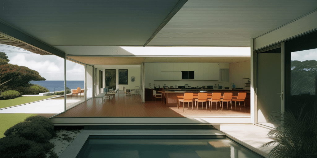 AI generated: Hyper realistic eye level exterior photo of a mid century modern style house overlooking the ocean, ...