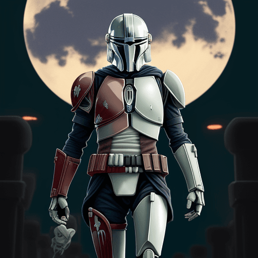 AI generated: anime. skeleton mandalorian. nighte sky. 