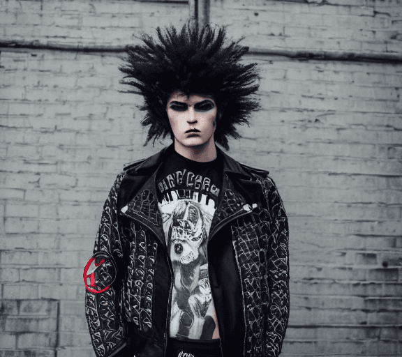 AI generated: Hyper realistic eye level full-body photo of a male clothing brand model, outfit style blends punk g...