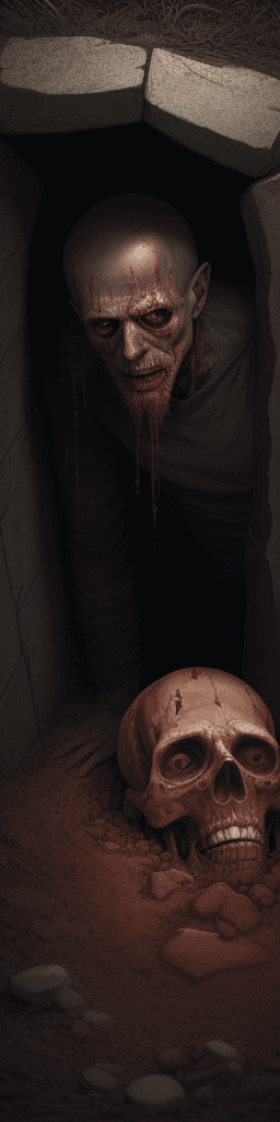 AI generated: A man rotting in his own grave (He doesn't want to come out of his grave) , red and brown tones . hy...
