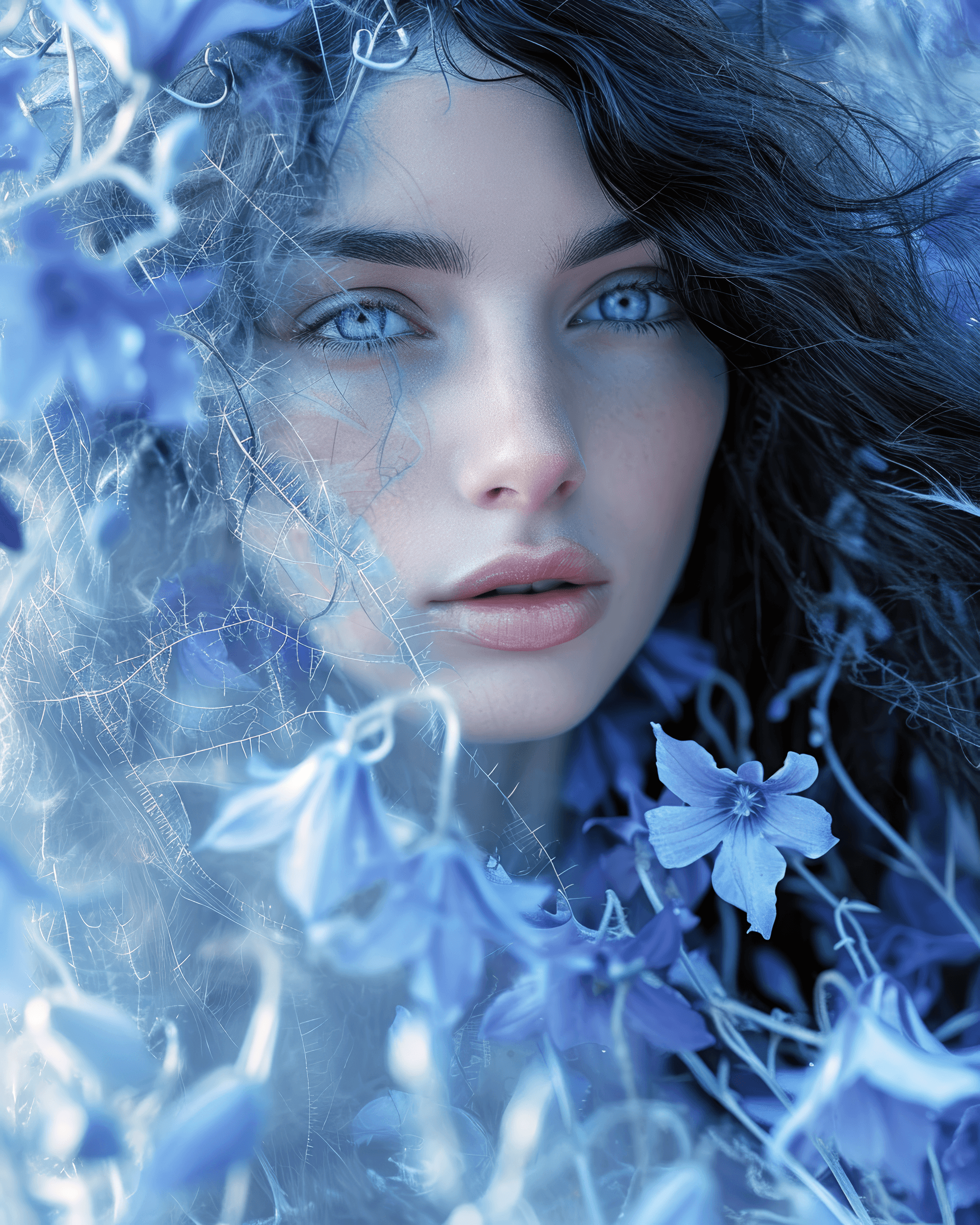 AI generated: A blue skinned woman with opened eyes. The woman has long and wavy cobalt hair. The woman with white...
