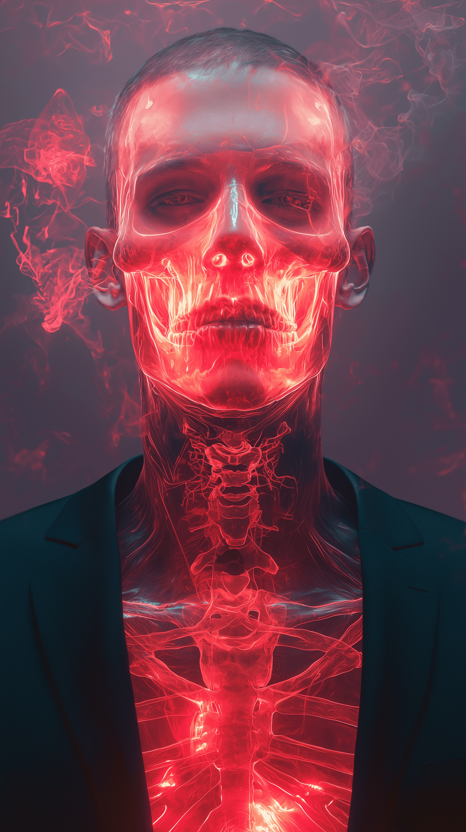 AI generated: futuristic surrealism, front portrait of a man, upper body, transparent skin revealing his skull, gl...