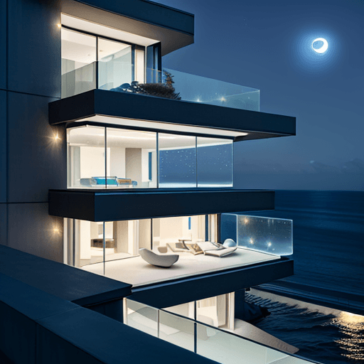AI generated: Hyper realistic eye level exterior photo of a futuristic century modern style house overlooking the ...