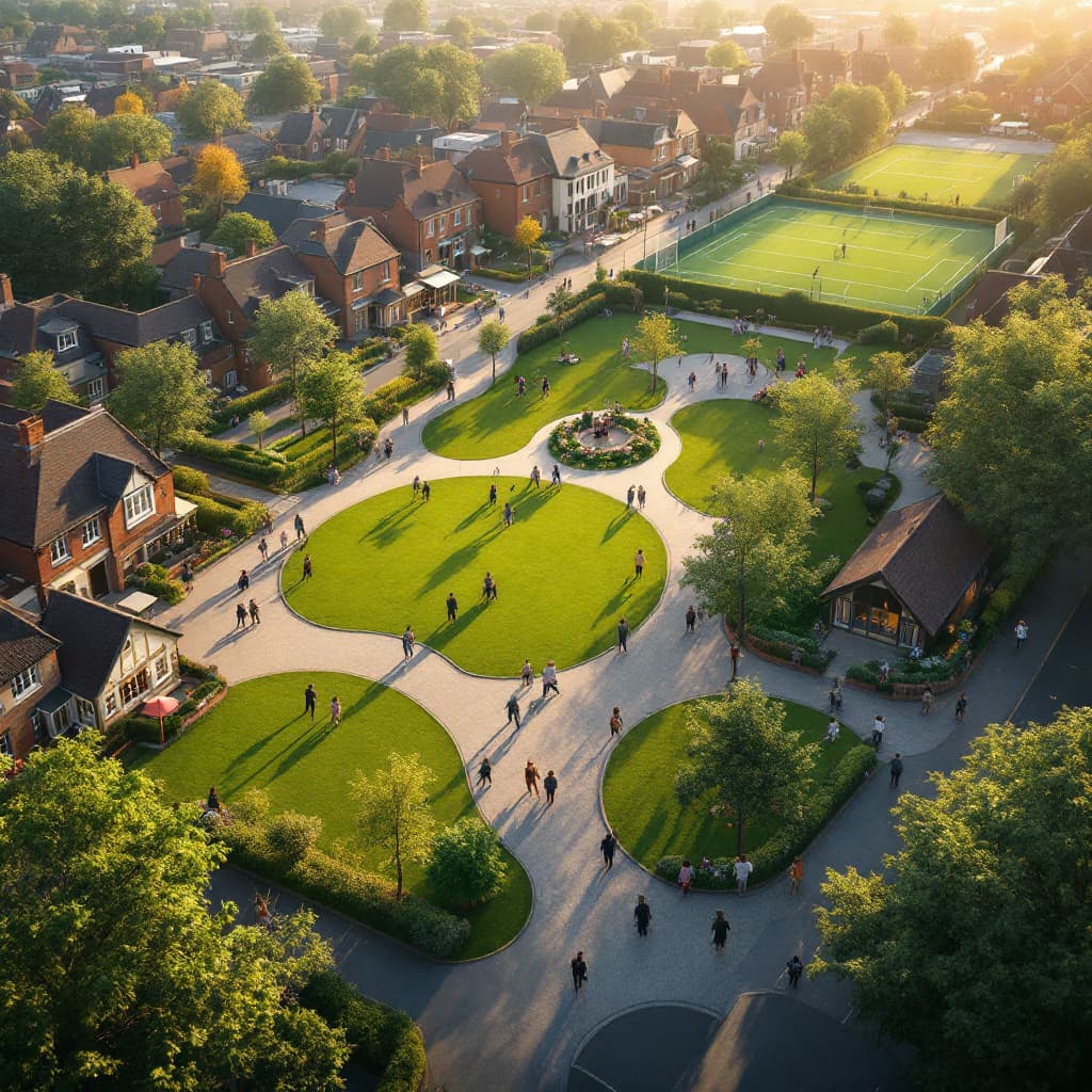 AI generated: A wide, photo-realistic or cinematic aerial view of a modern neighbourhood designed around community...