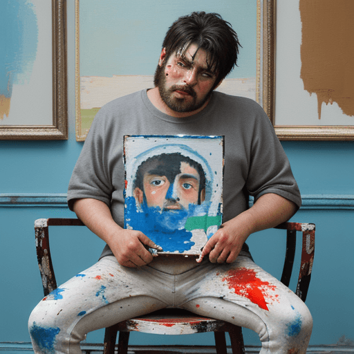 AI generated: painting of sad man sitting on chair, eyes are teary, holding face, pallet knife painted, thick text...