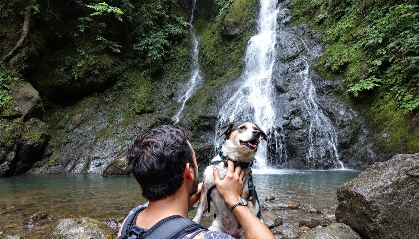 AI generated: A man in waterfall with pet