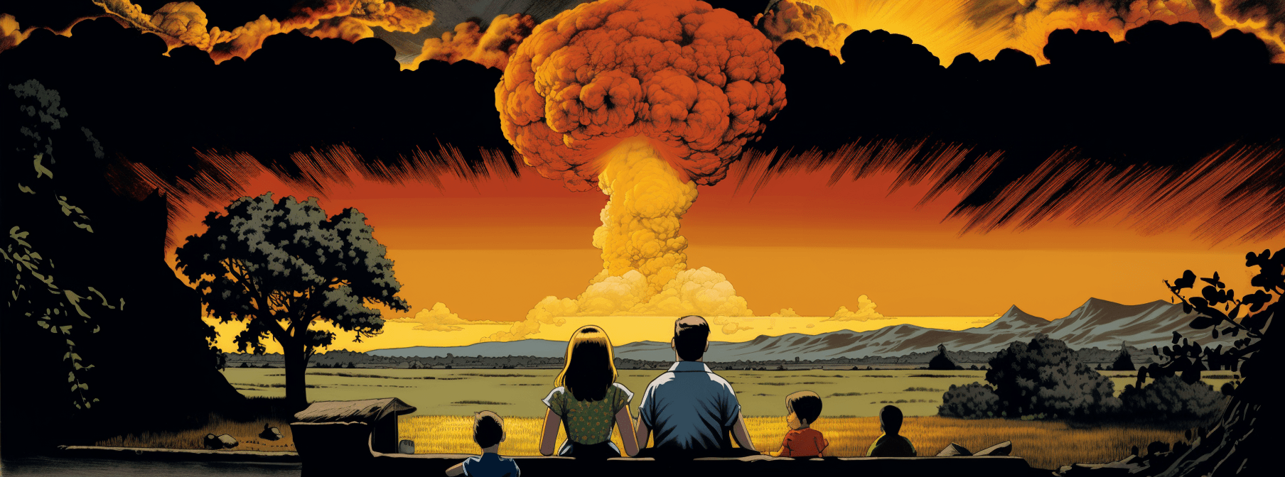 AI generated: A comic book panel of an excited family watching the mushroom cloud from their nuclear explosion, in...