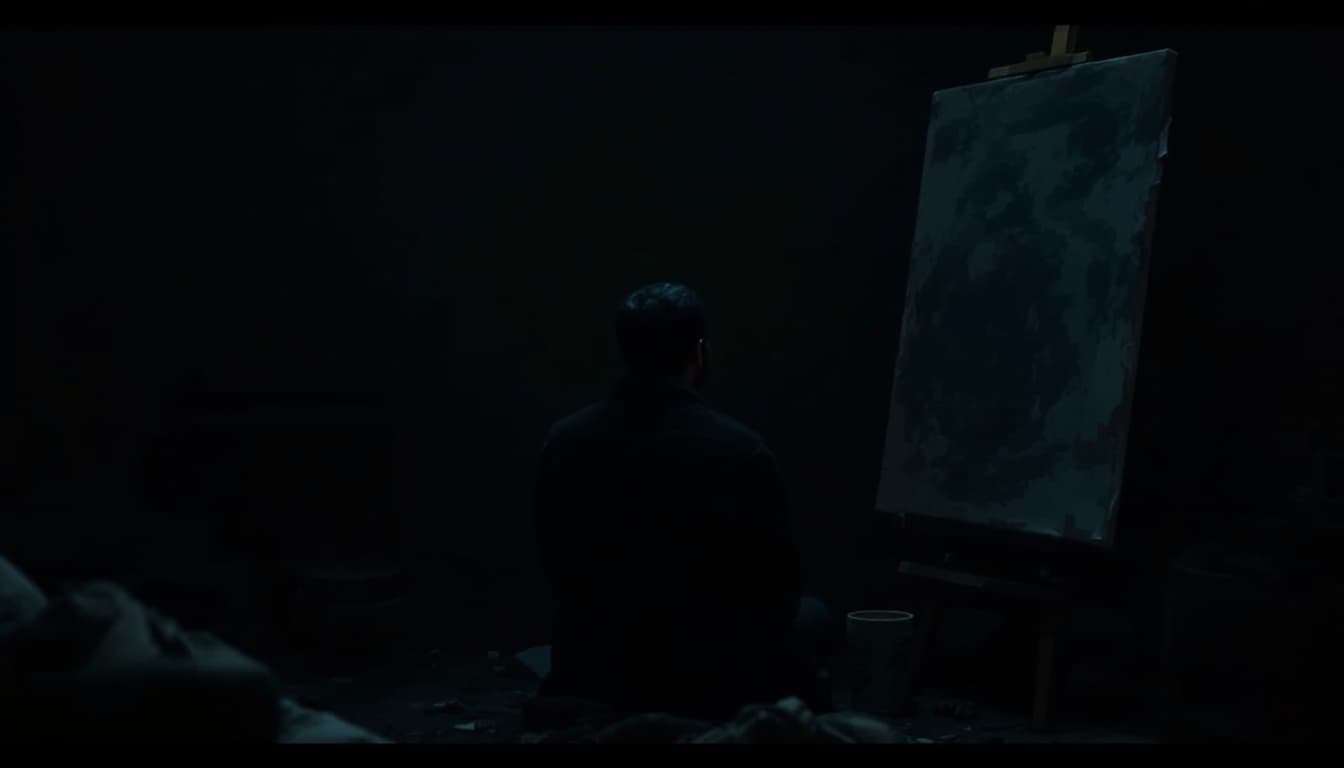 AI generated: Shot 1: Wide shot - Sam sitting in a dim, dusty room, worn-out dark jacket, staring at a blank canva...