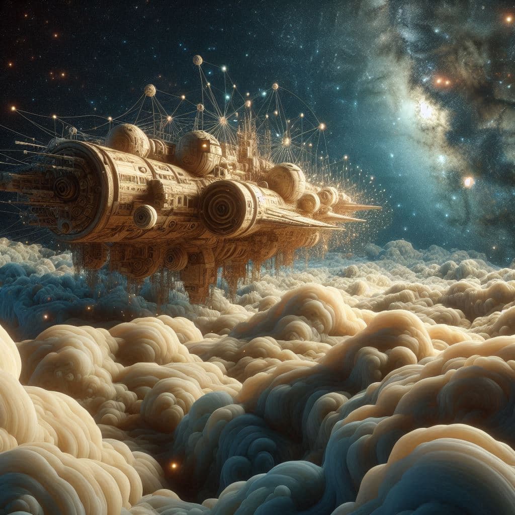 AI generated: Big in the foreground is a wooden bionic spaceship made of bark. The universe is a barely visible fo...