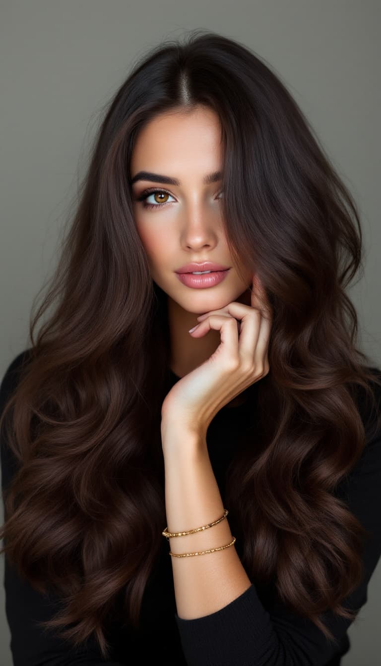 AI generated: A woman with long, wavy dark brown hair, parted in the center, wearing a black long-sleeved top and ...