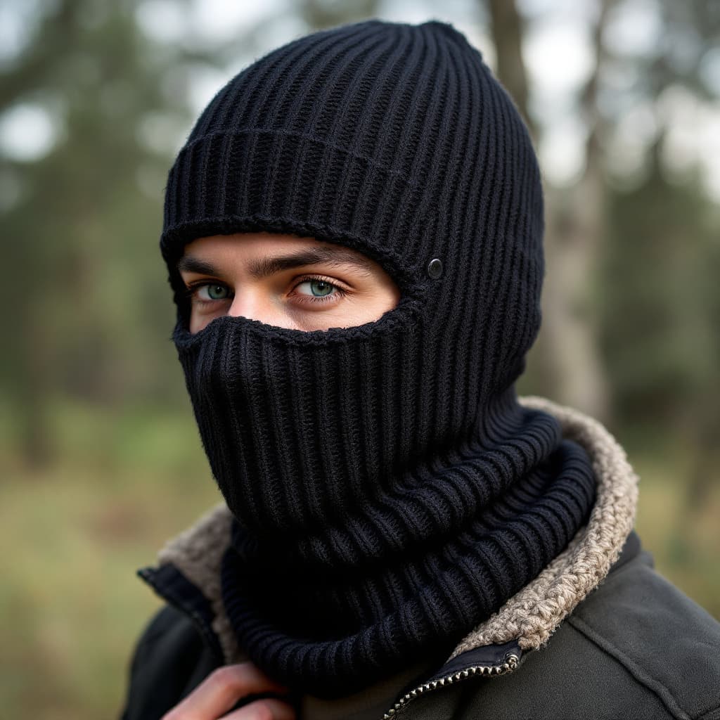 AI generated: a black ribbed knit baklava 3-holes skimask p