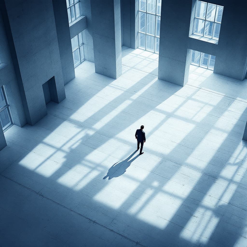 AI generated: digital painting, aerial, man caught in a dramatic interplay of light and shadow inside a contempora...