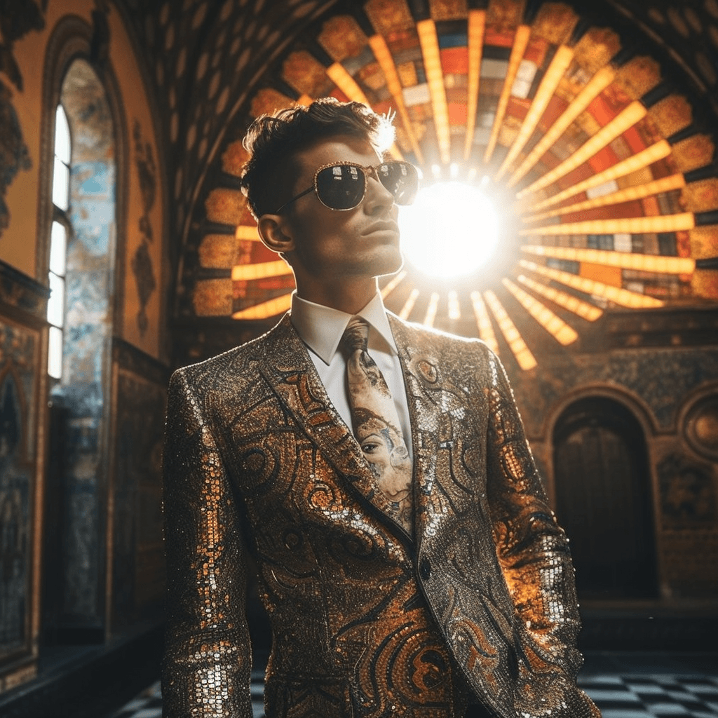 AI generated: Justiniano I like a devil instagram model standing in church hall kissing the sun, behind him is a m...