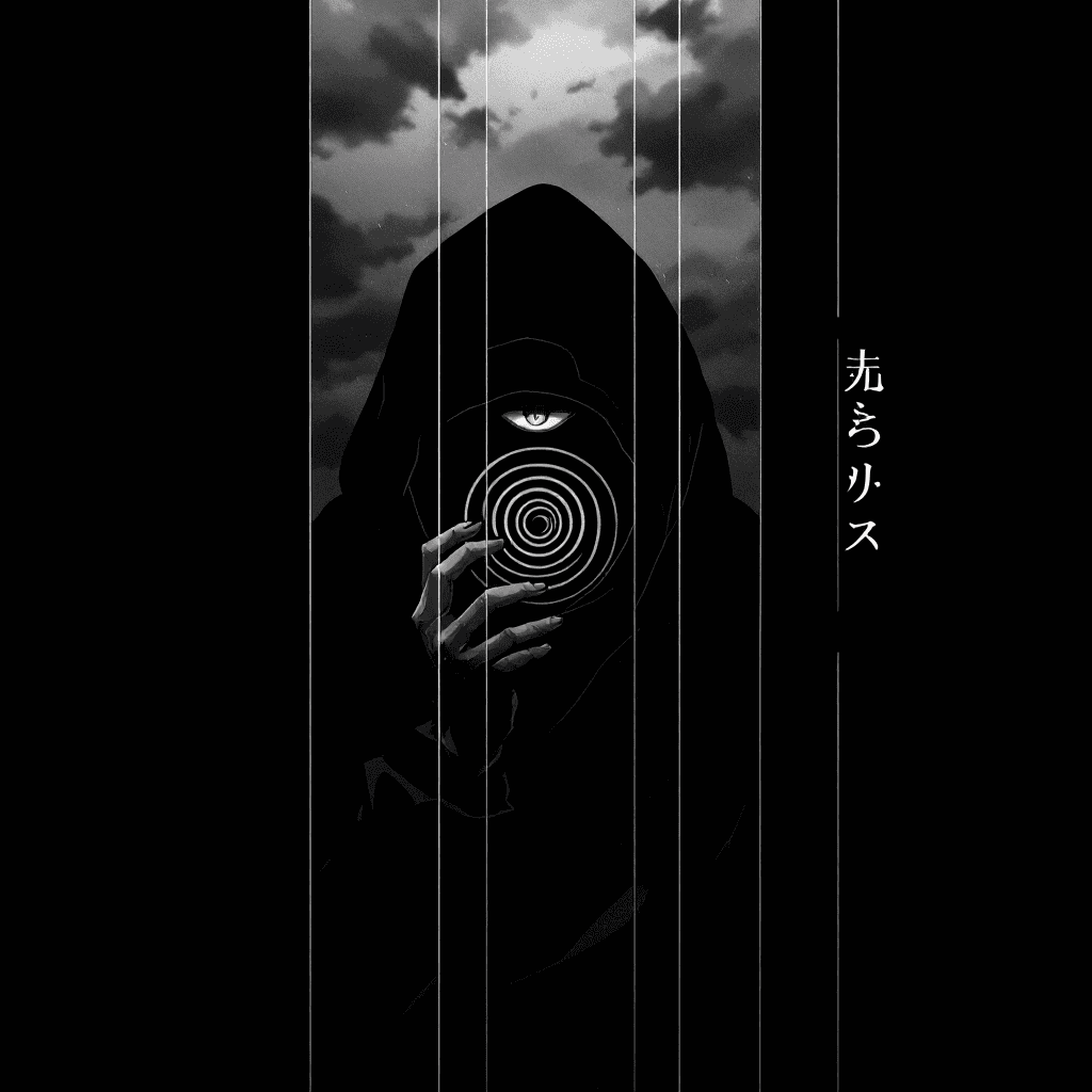 AI generated: "Dark anime wallpaper, vertical minimal composition, black background with several narrow vertical r...