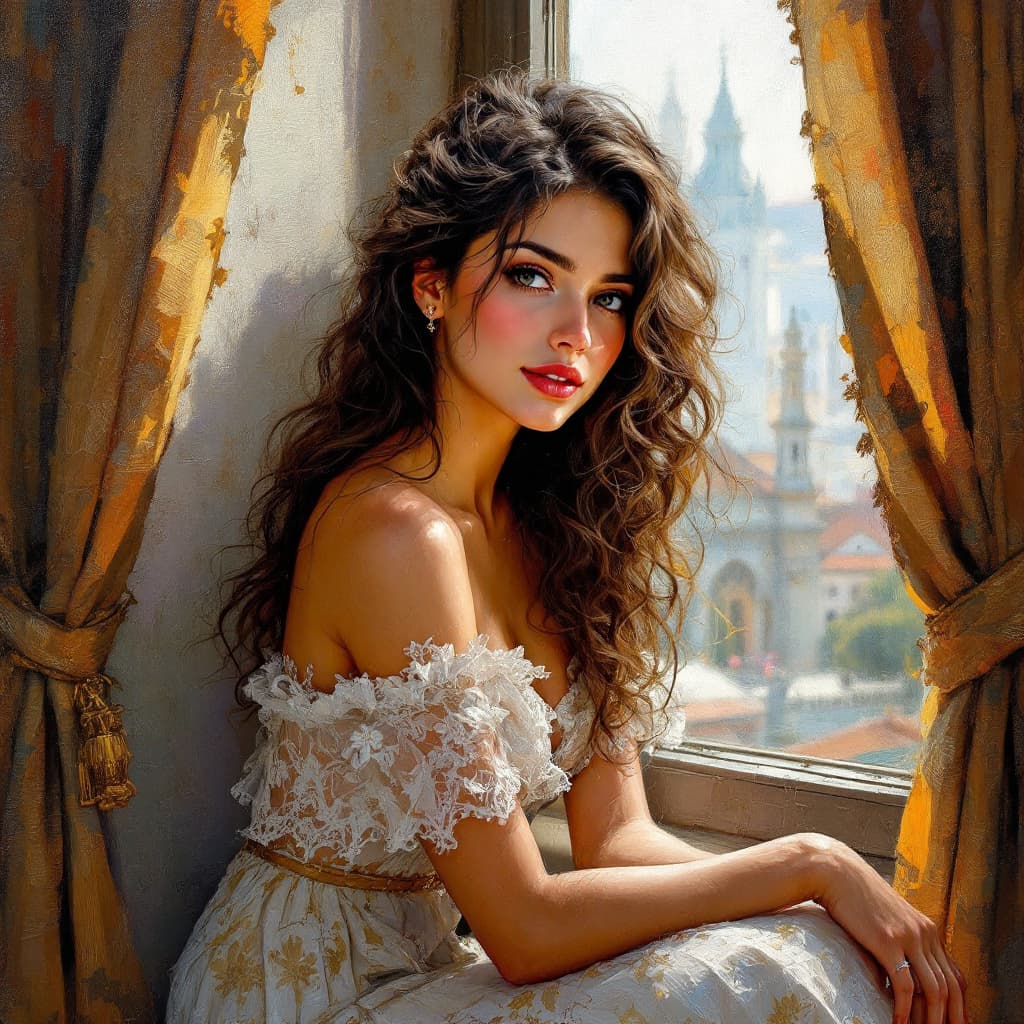 AI generated: a painting of a woman sitting near a window, in the style of beautiful women, playfully intricate, h...
