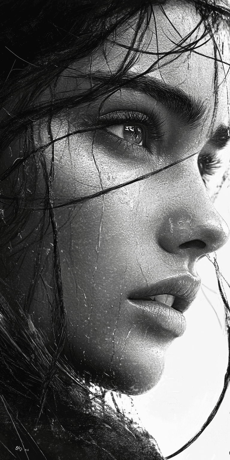 AI generated: the woman in black and white with long hair, in the style of realistic marine paintings, datamosh, e...