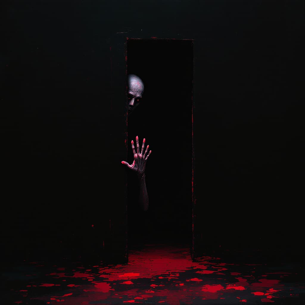 AI generated: a very dark room with a small door, with colors, the most prominent being black and red, a very skin...