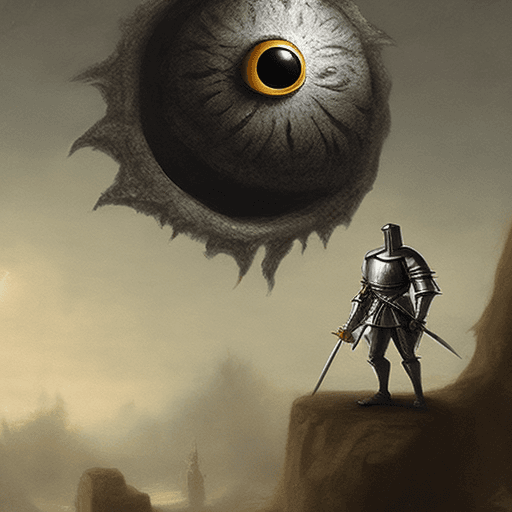 AI generated: A knight standing against Giant flying eyeball 