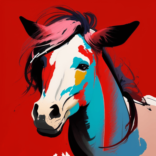 AI generated: a coloured image with a fine paintbrush coloured with reds, blues and pinks of a horse, in the style...