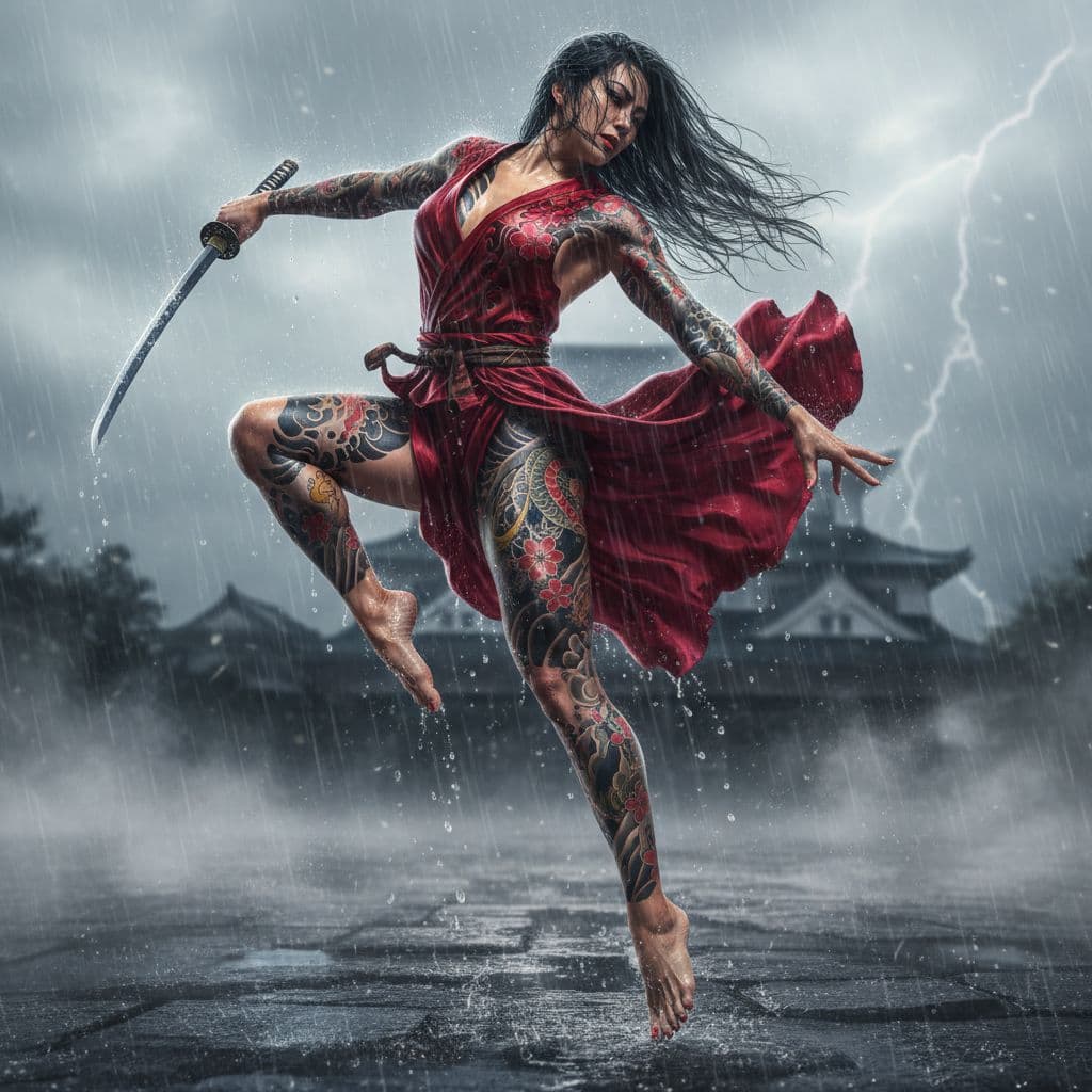 AI generated:  A beautiful Japanese female warrior, well endowed body, wearing a short red kimono, blown wide open...