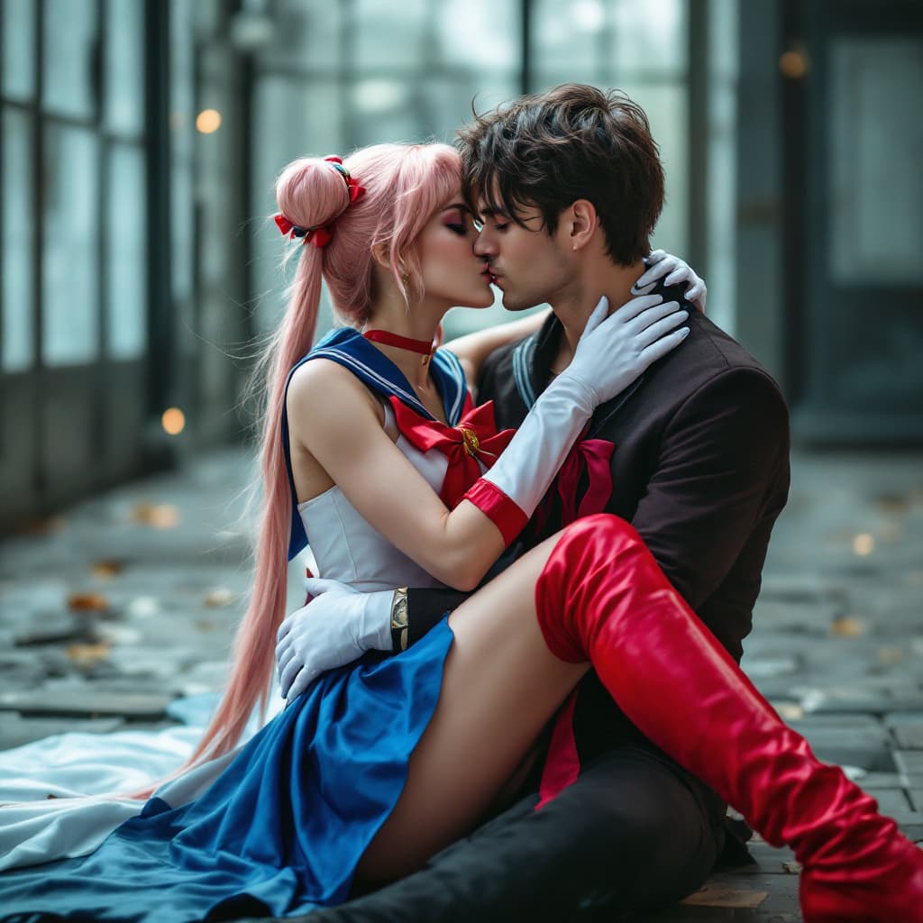AI generated:  cute european woman,hot sailormoon cosplay ,posing , epic action scene,real photo,full sitting on t...