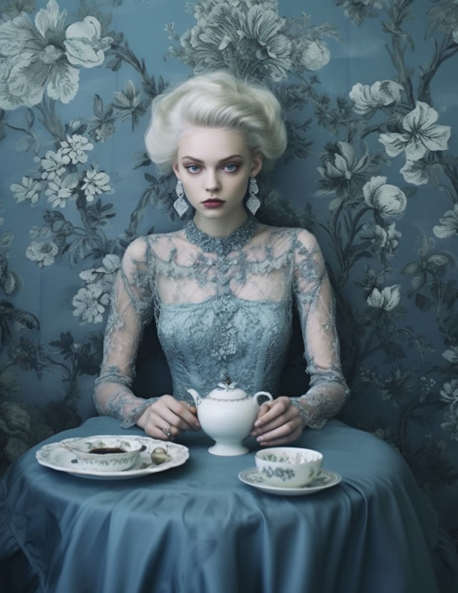 AI generated: a woman sitting at a table , by Valerie Petts, tumblr, intricate fantasy dress, blueish tones, offic...