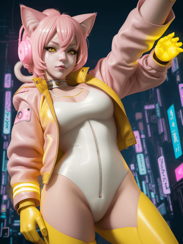 AI generated: An anthropomorphic Nami as cat girl, cat nose pink outline, in neo-Tokyo, cyberpunk yellow leather j...