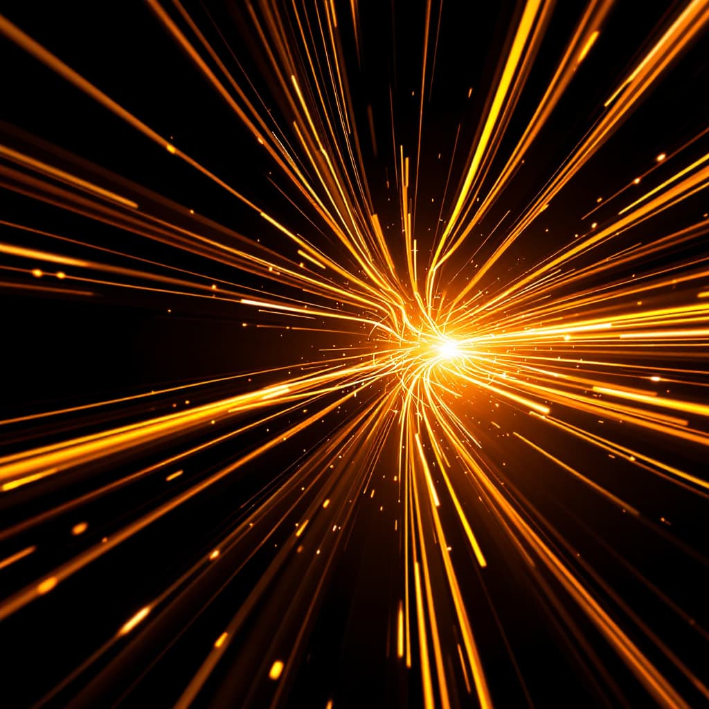 AI generated: A long-exposure abstract photograph displays golden light trails radiating outward in dynamic, sweep...