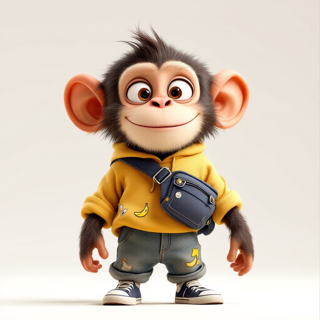 AI generated: A highly detailed 3D character in Pixar style: a humanoid monkey with expressive, big eyes and soft ...