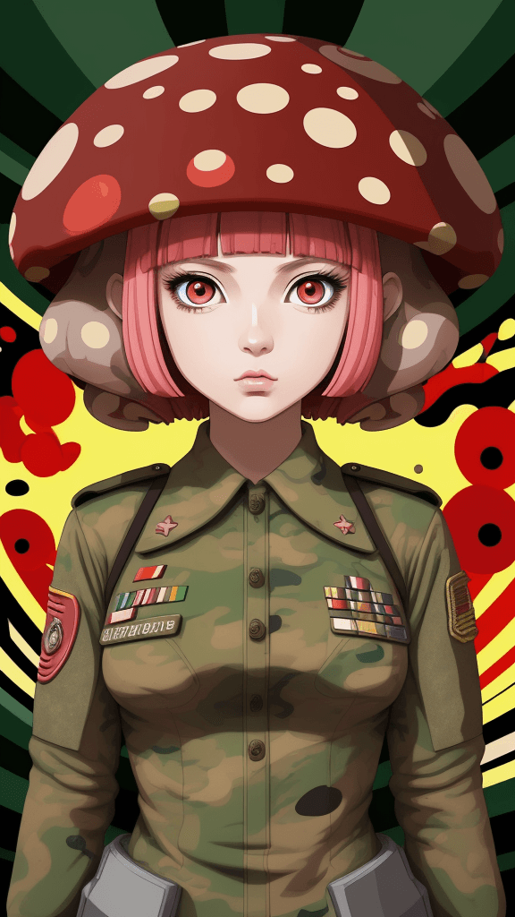 AI generated: in a funky background portrait of little mushroom woman. Wearing army uniform. Prominent eyes, funky...
