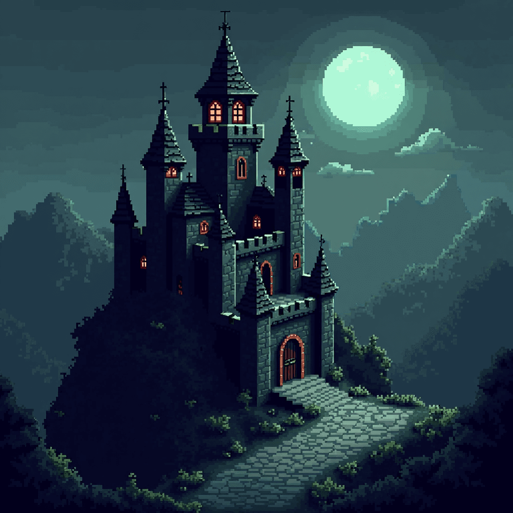 AI generated: isometric perspective, a (black gothic satanic occult evil dark castle) pixelated style pixel art, a...