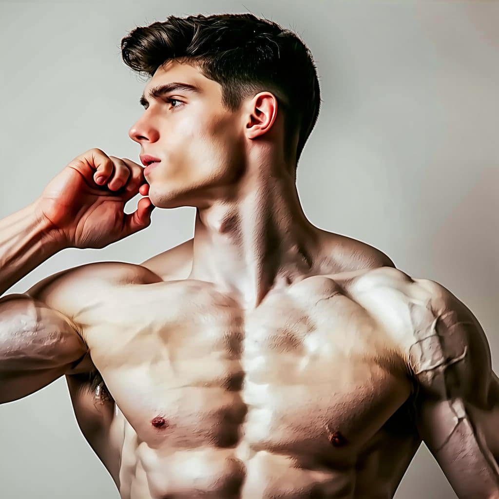 AI generated: Muscular young man with a 12-inch erect penis, being deepthroated by an adult male, highly detailed ...