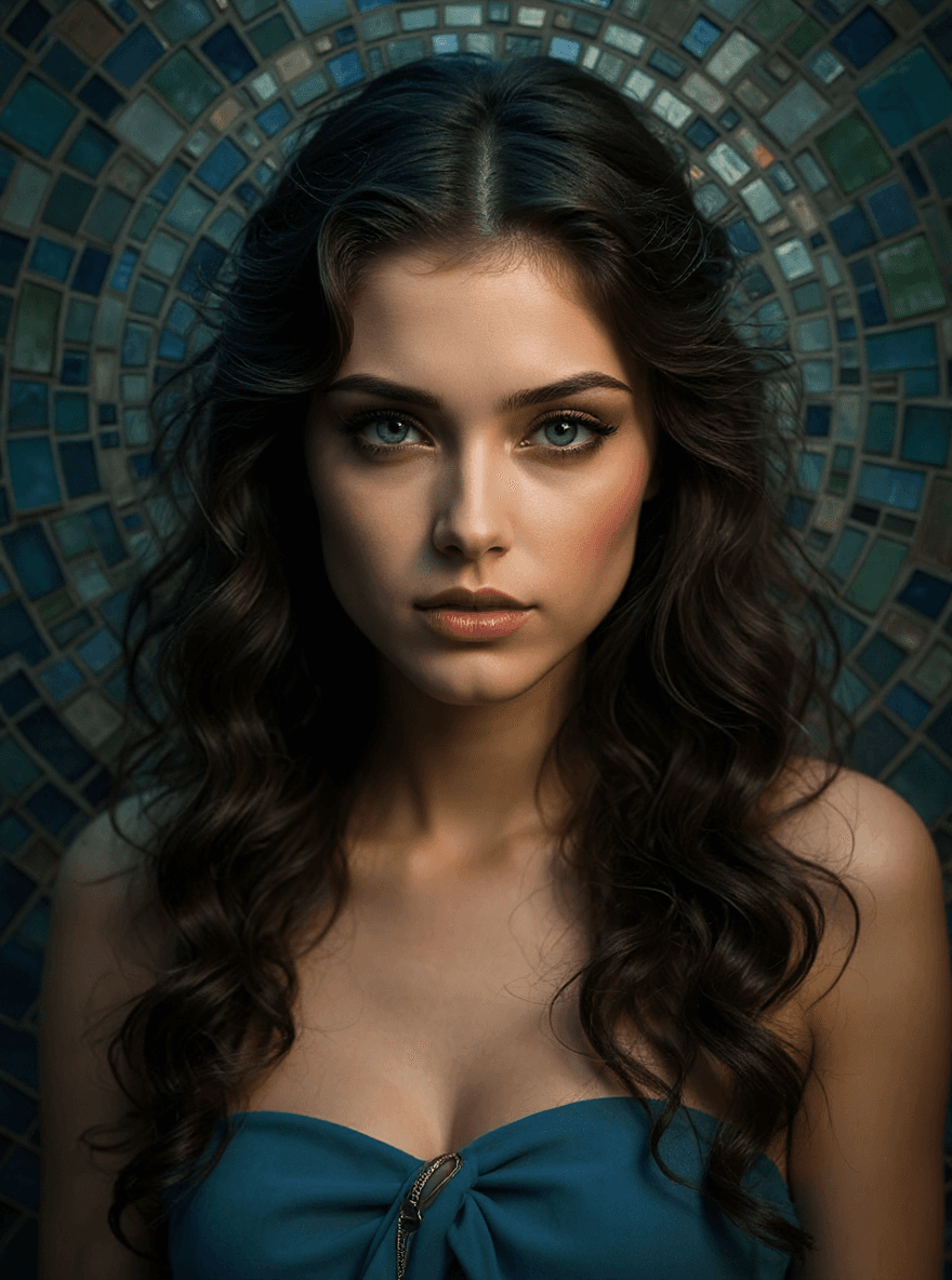 AI generated: the girl has blue eyes, and a lot of mosaic tiles, detailed, intricate, full color, beautiful, cinem...