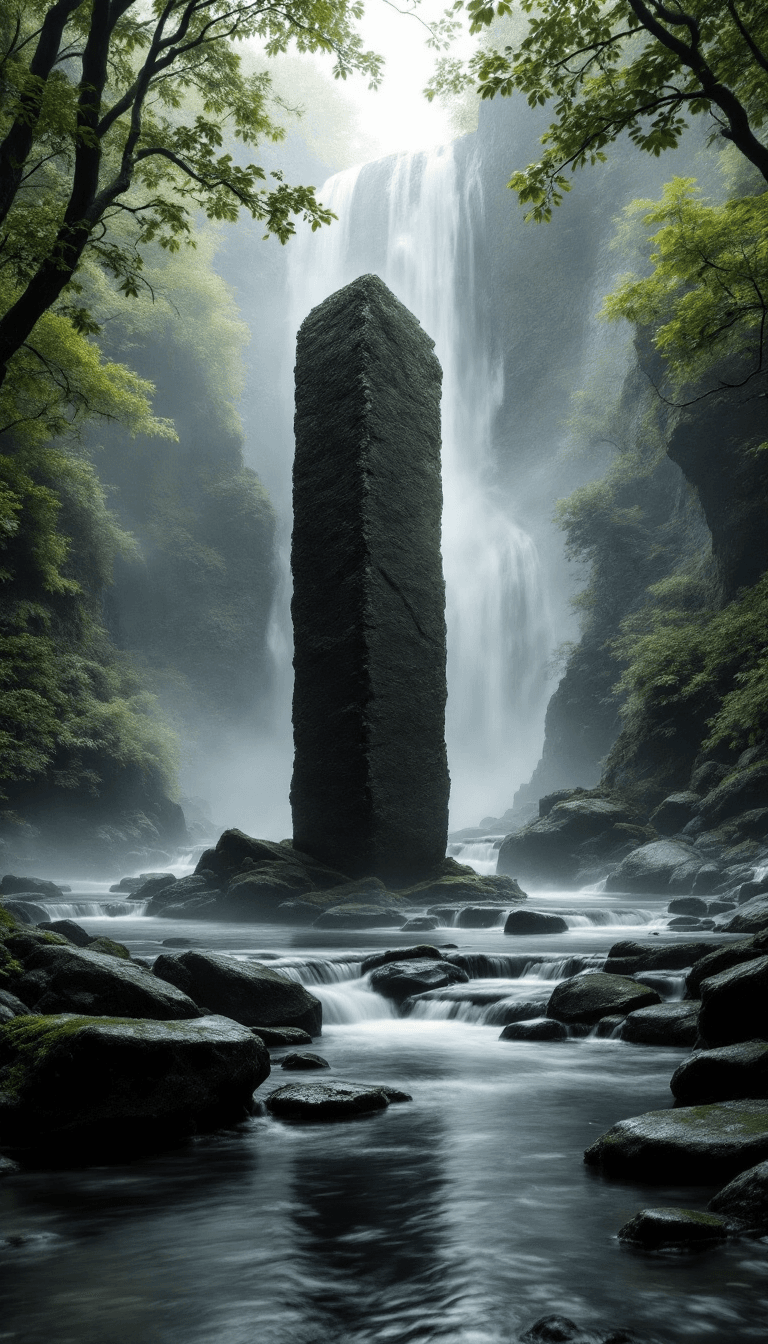 AI generated: "A serene and mystical forest scene featuring a towering, dark monolithic stone standing prominently...