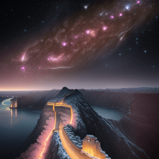 AI generated: This is a surreal and complex cg rendering at night, the light pink sky covers the great falls on th...