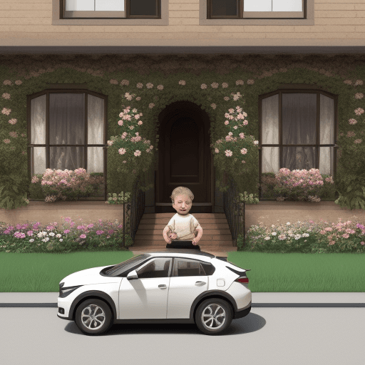 AI generated: brown house, two floors, garden with flowers, car outside, a baby outside
