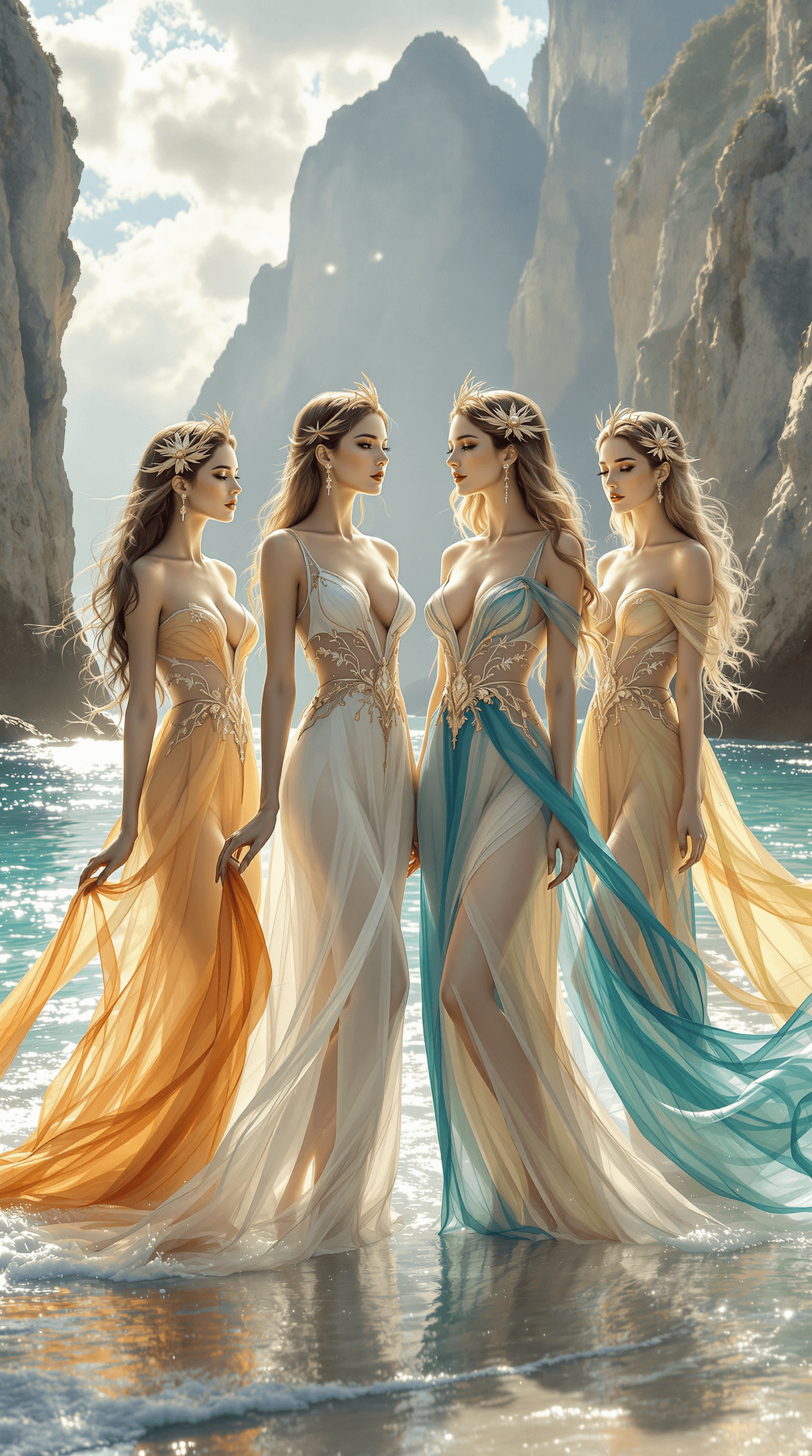 AI generated: (Ultra-high resolution, Hyper-detailed, Masterpiece) a breathtaking fantasy scene featuring four eth...