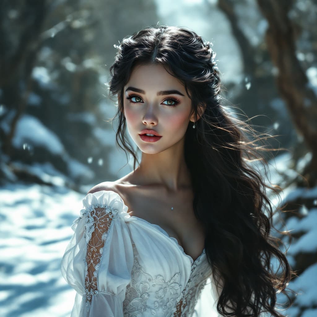 AI generated: Snow White, in a white intricate detailed dress, a gorgeous real girl with a long flowing dark wavy ...